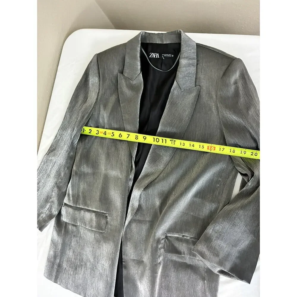 Zara Womens Blazer XL Textured Button Collar Shiny Metallic Party Silver